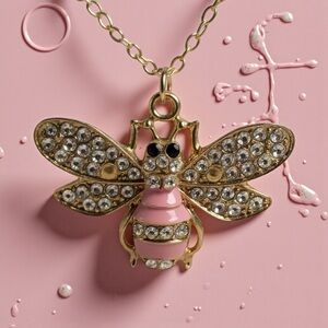 Vintage Bee crystal Black  and Pink Bee Pendant Necklace